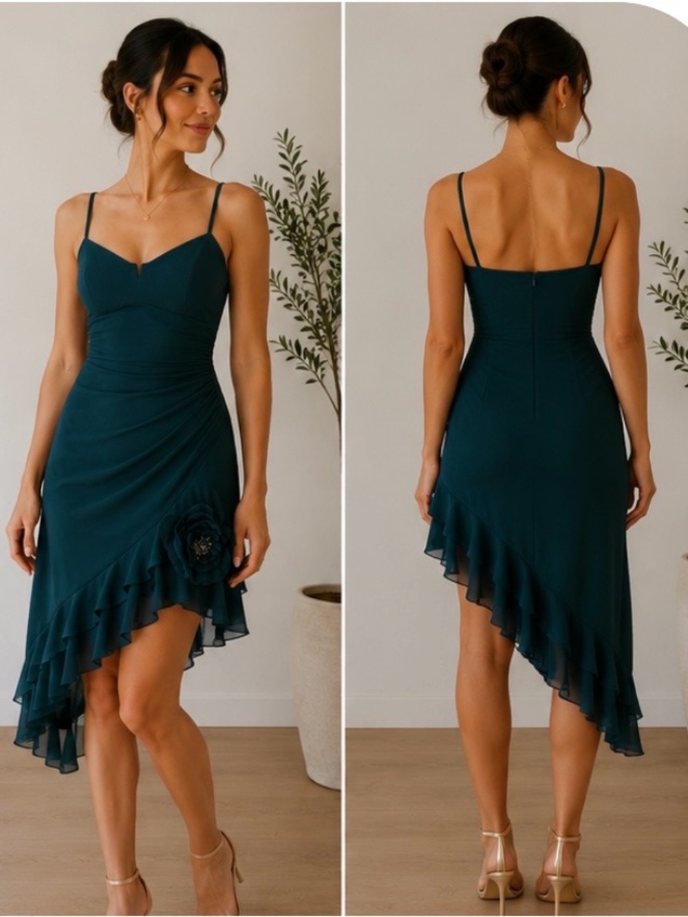 Y2K Vintage City Triangles Teal Asymmetrical Ruched Floral Accent Dress Small